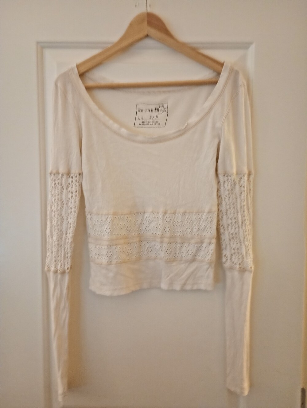 FP We The Free Cream Lace-Inset Long Sleeve Shorter Top (S)
